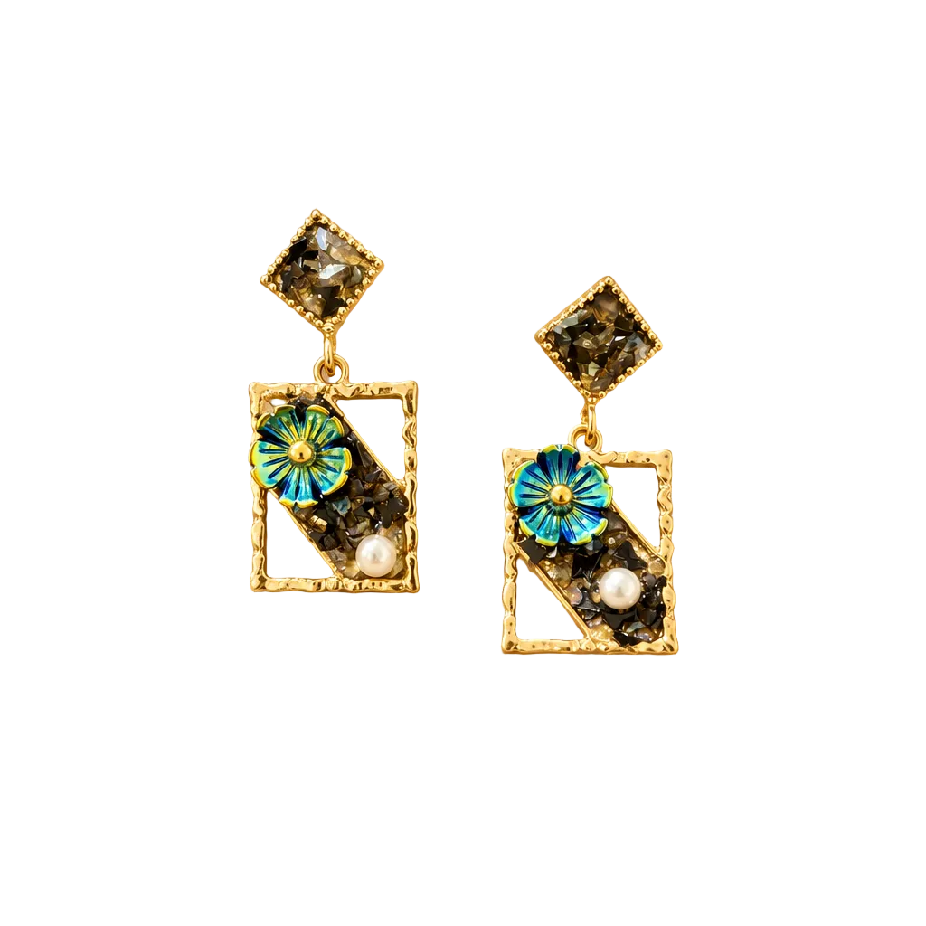 Crystal Floral Frame Black Earring
