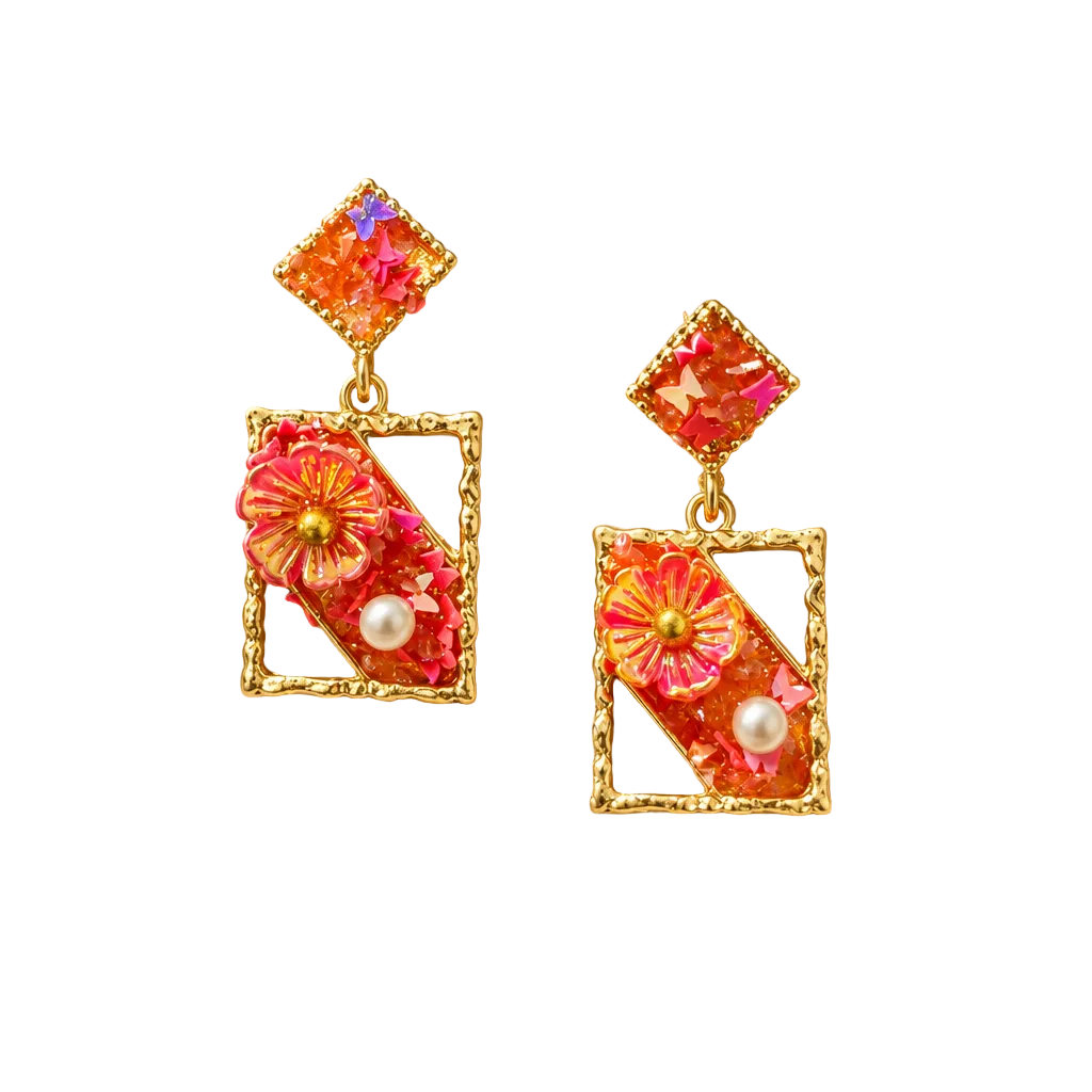 Crystal Floral Frame Red Earring