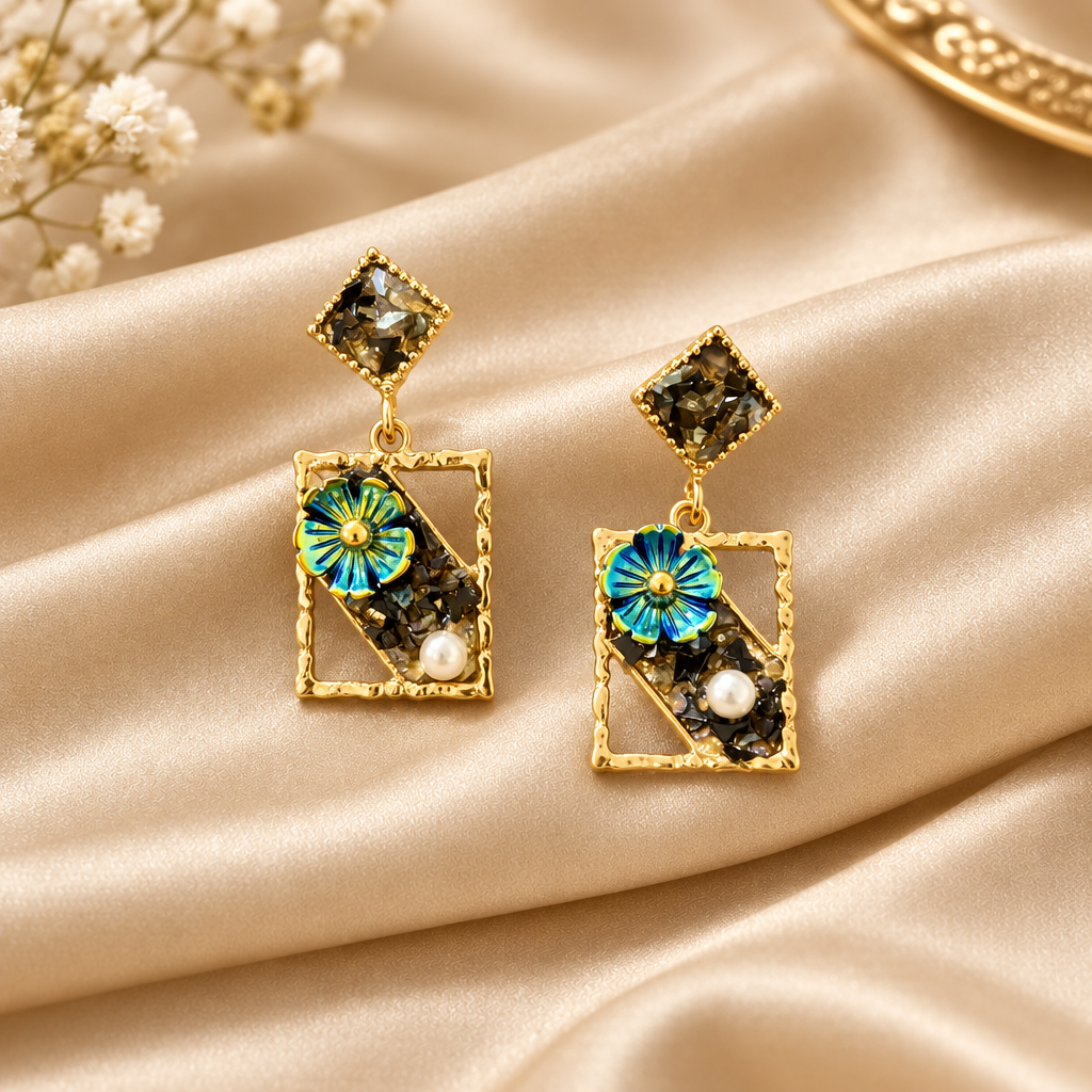 Crystal Floral Frame Black Earring 