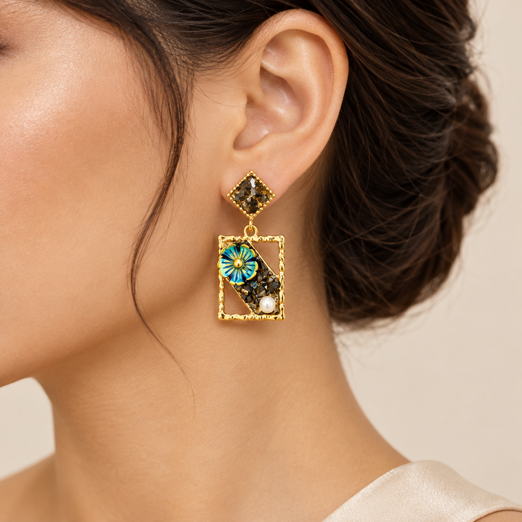 Crystal Floral Frame Black Earring