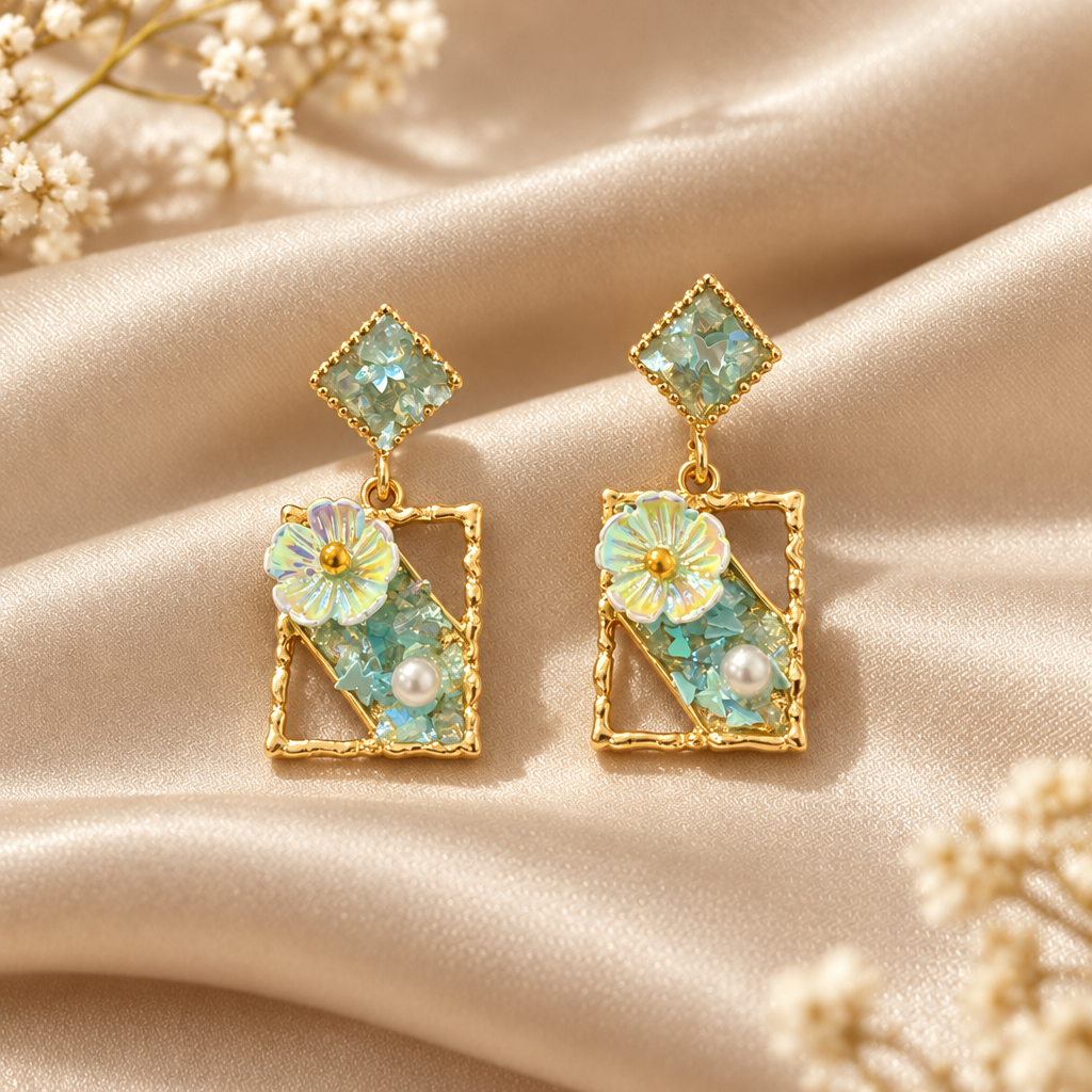 Crystal Floral Frame Blue Earring 