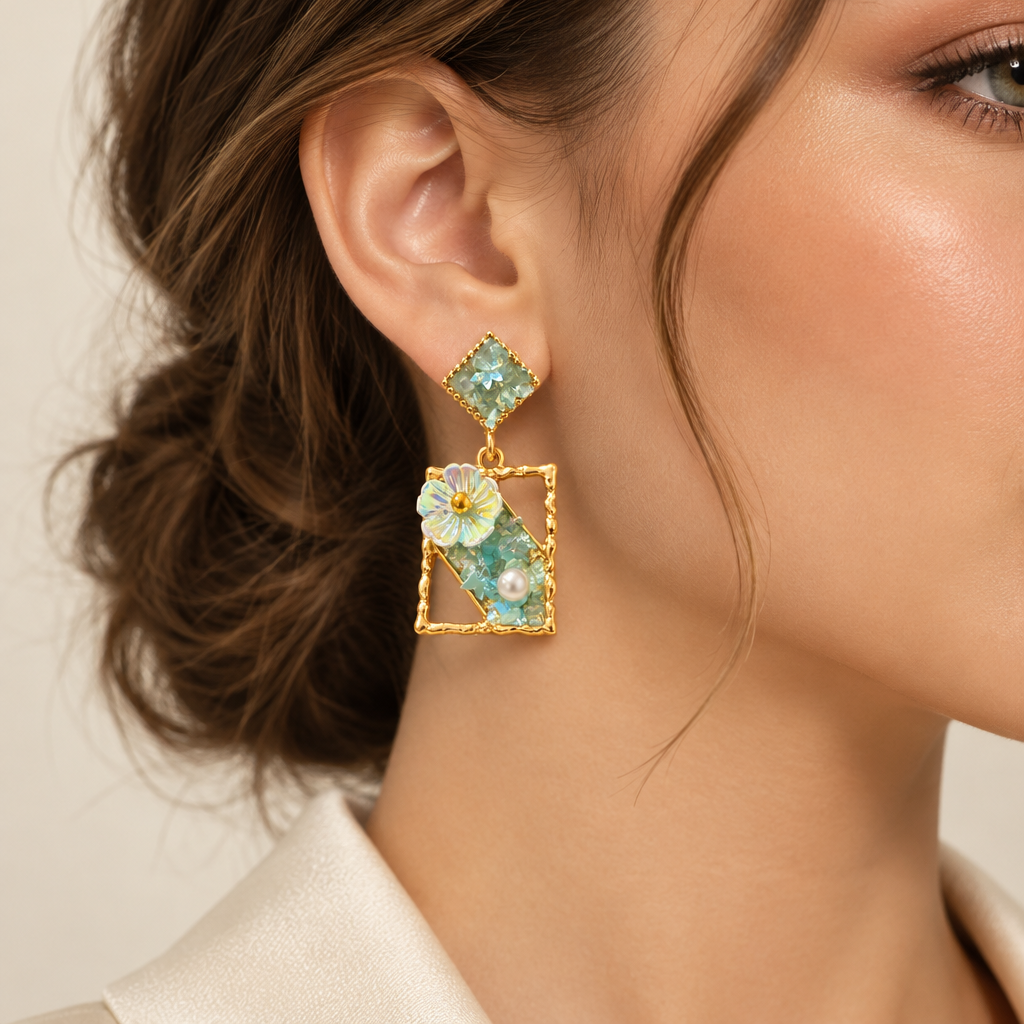 Crystal Floral Frame Blue Earring