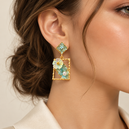 Crystal Floral Frame Blue Earring