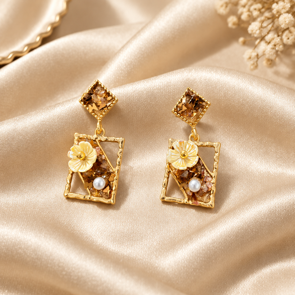 Crystal Floral Frame Bronze Earring 