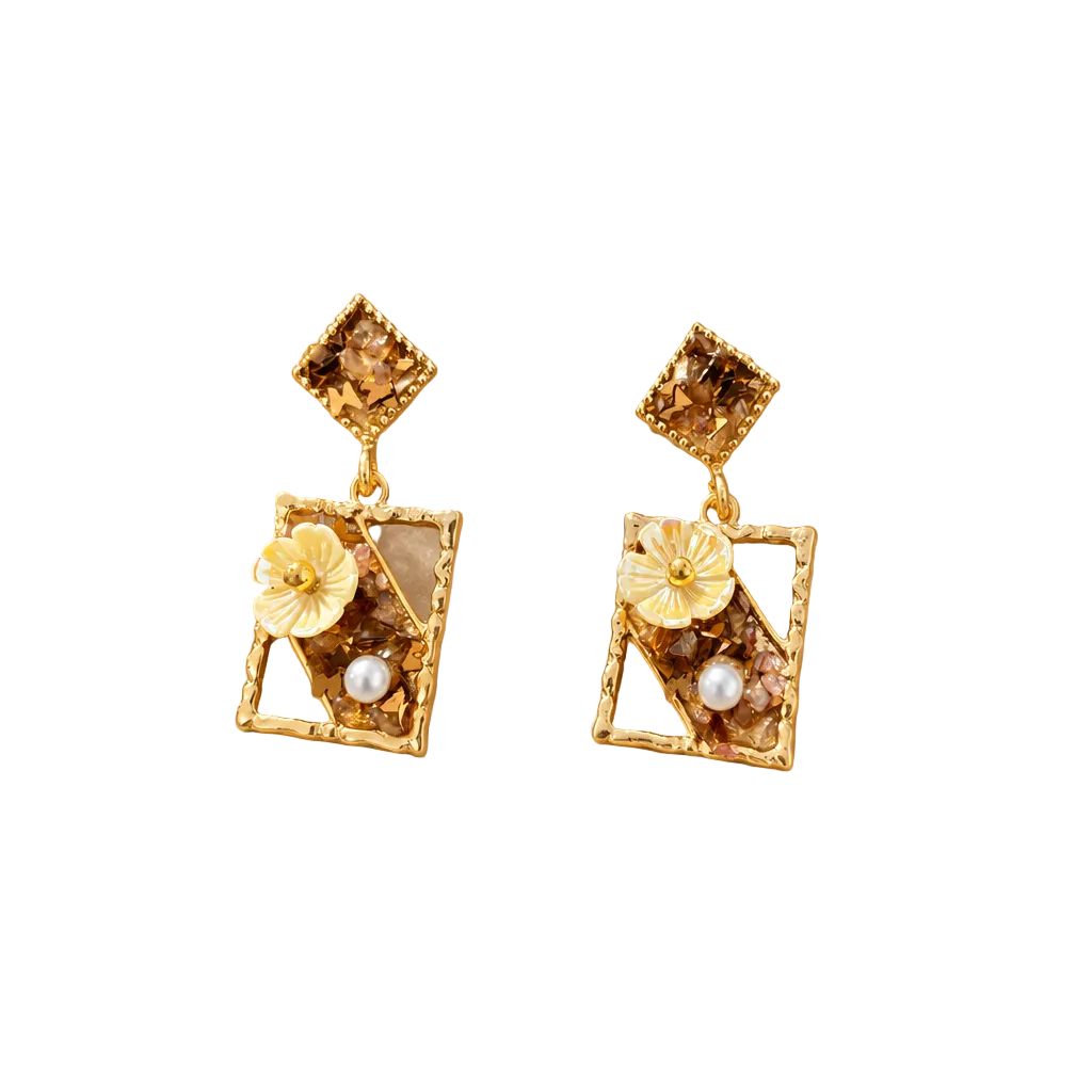 Crystal Floral Frame Bronze Earring