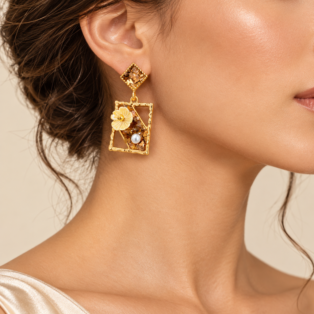 Crystal Floral Frame Bronze Earring