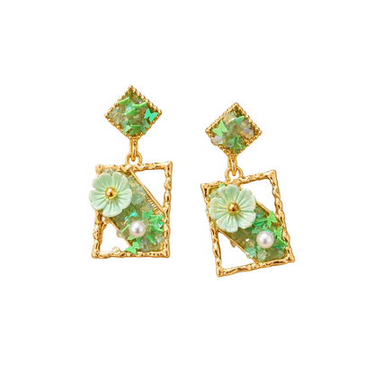 Crystal Floral Frame Green Earring