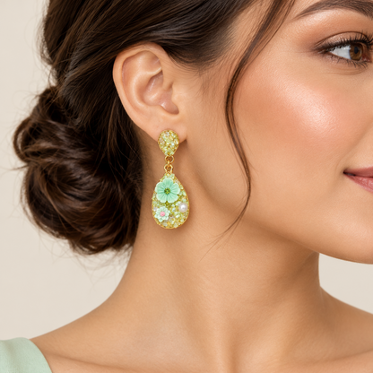 Crystal Floral Drop Green Earring