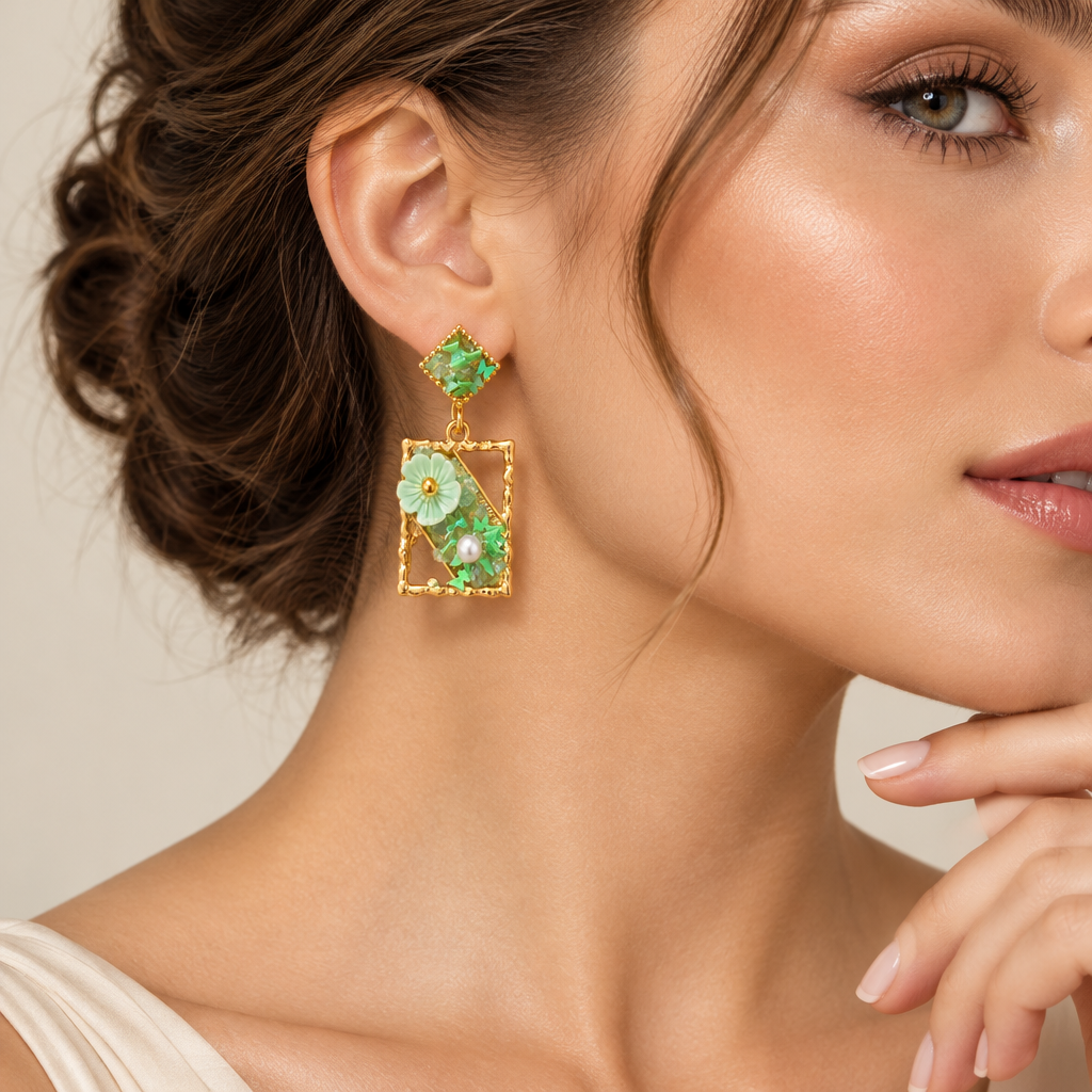 Crystal Floral Frame Green Earring