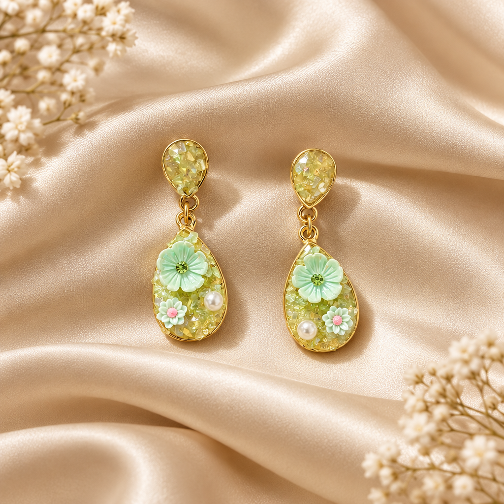 Crystal Floral Frame Green Earring 
