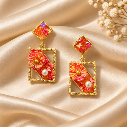 Crystal Floral Frame Pink Earring 