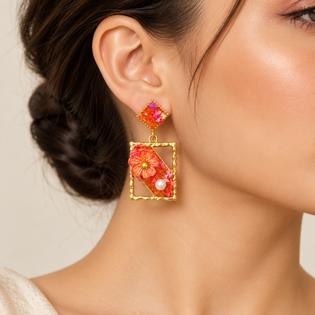 Crystal Floral Frame Red Earring