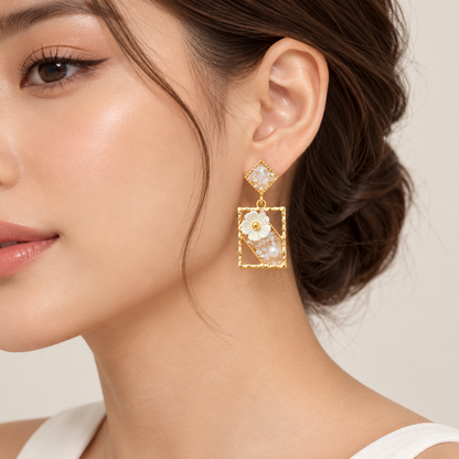 Crystal Floral Frame White Earring