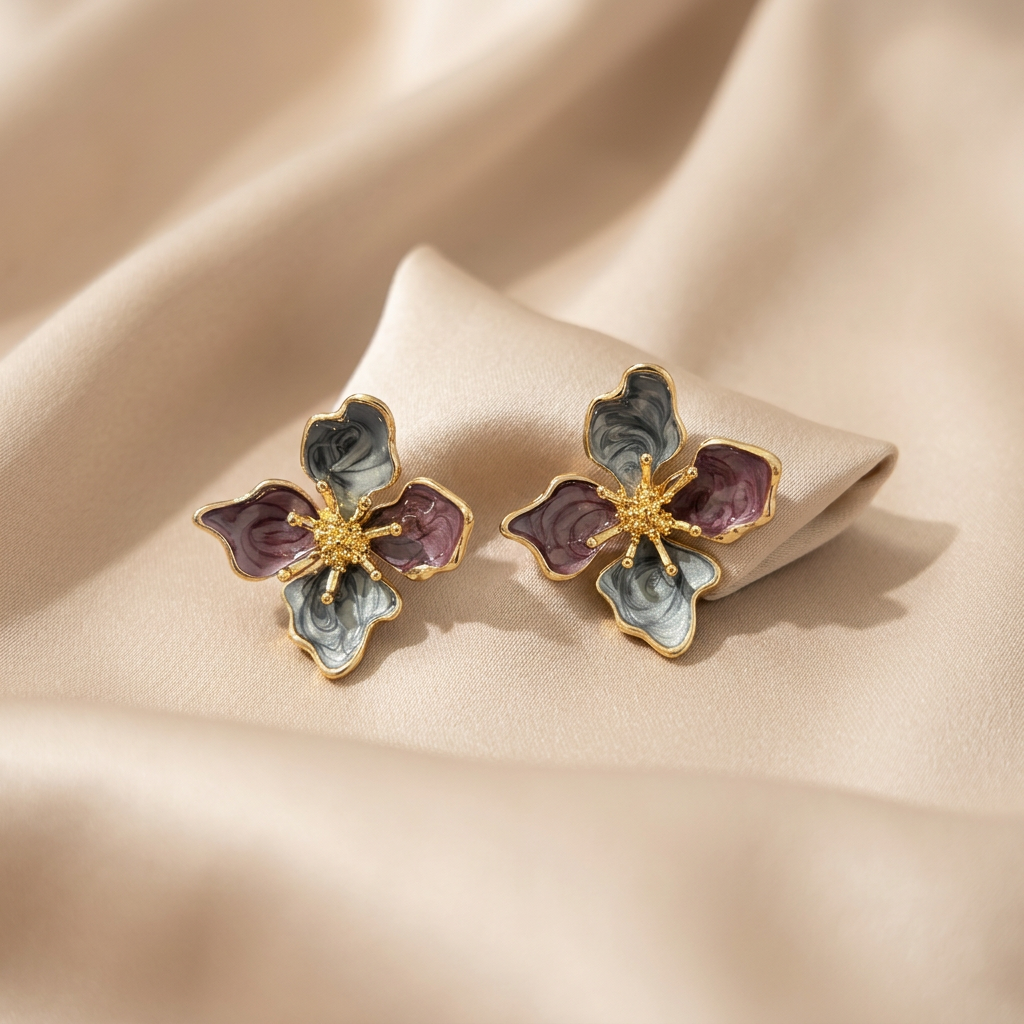 A pair of gold-tone flower-shaped earrings with iridescent gray-blue petals and mauve-purple centers.