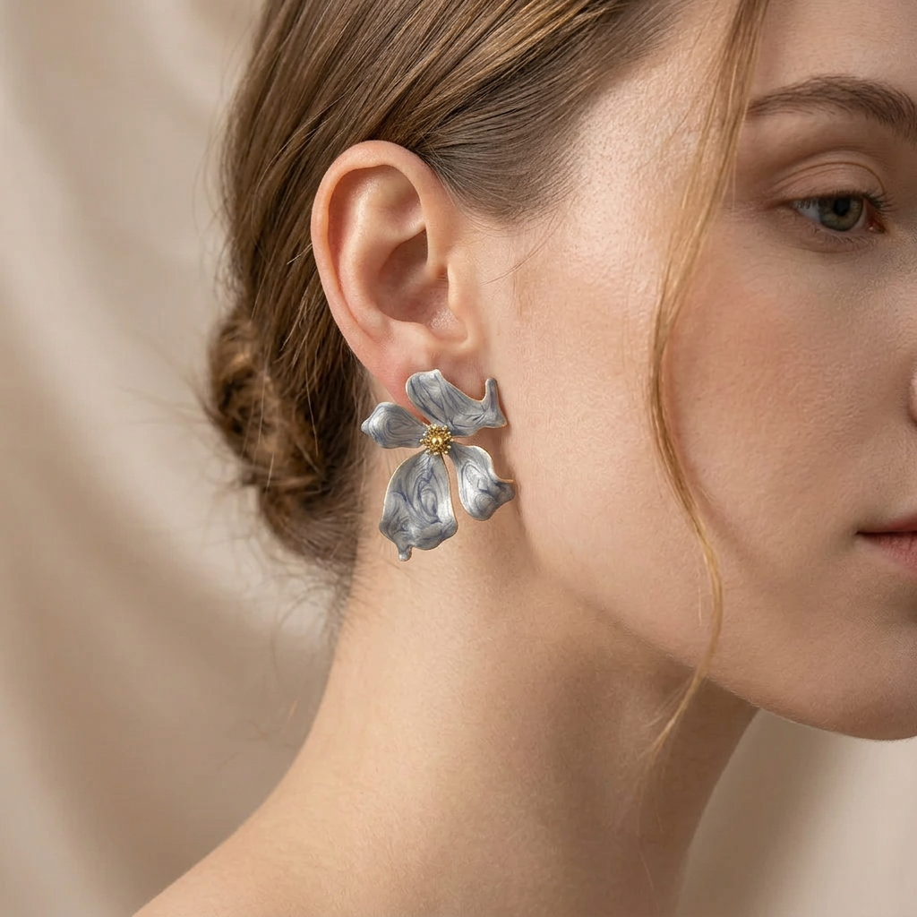 Happy Flower Marble Blue Earring