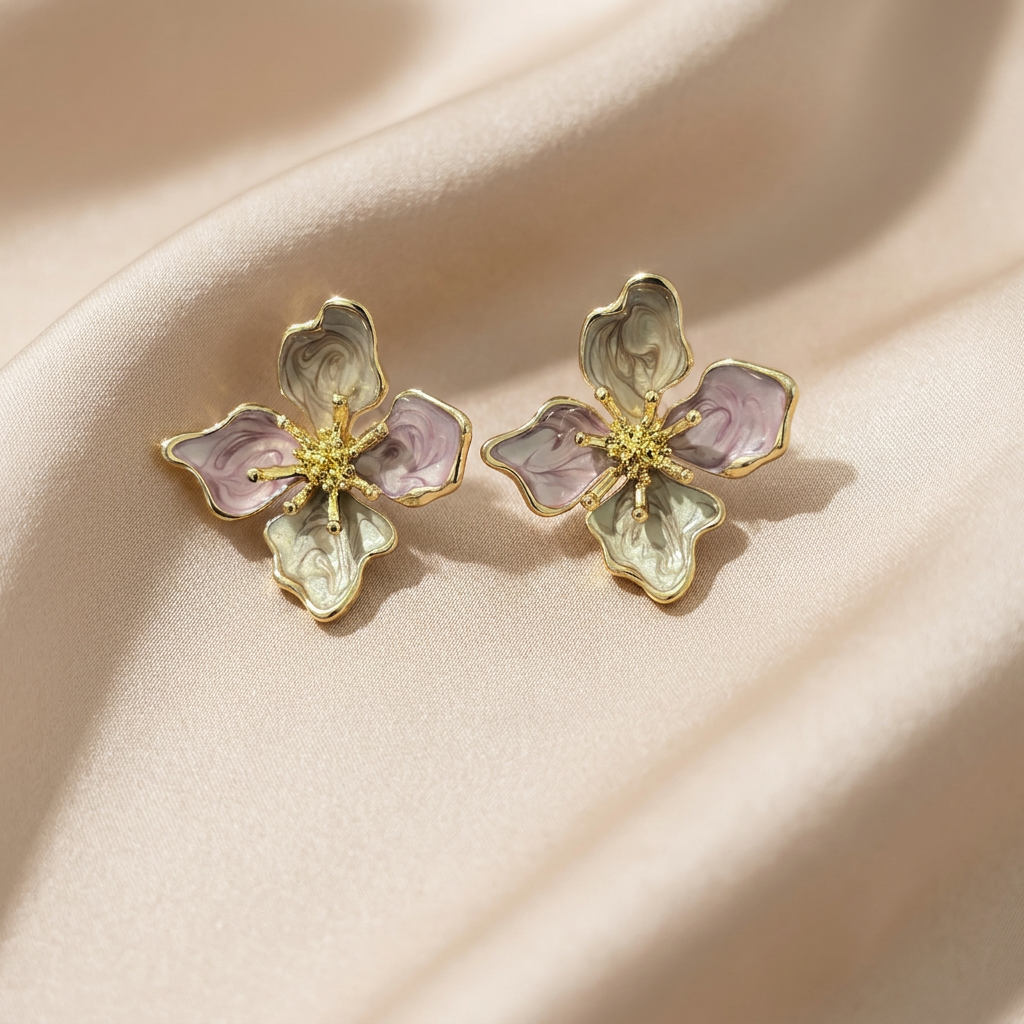 A pair of gold-tone flower-shaped earrings with pale pink and cream enamel petals.