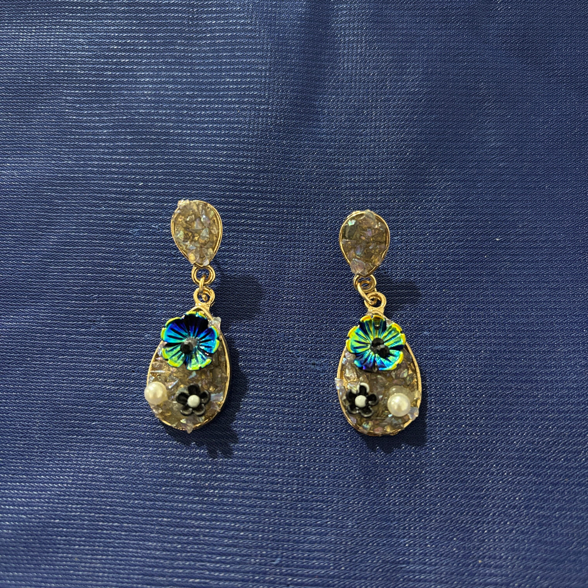Crystal Floral Drop Black Earring