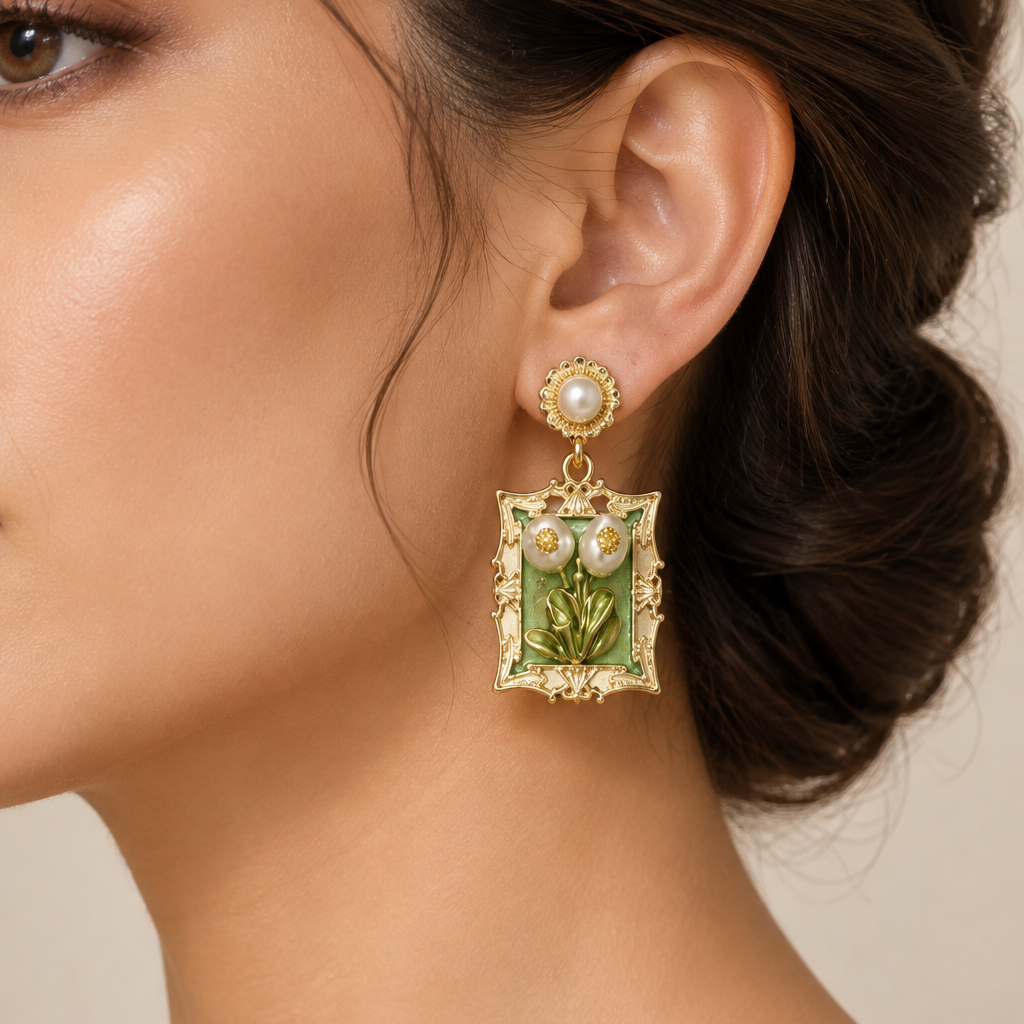 A close-up of a woman wearing a gold dangle earring with a green rectangular inset featuring botanical details and pearl accents.
