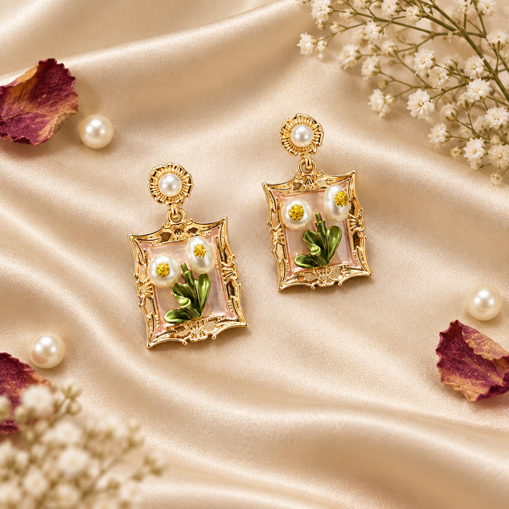 A pair of ornate gold-tone dangle earrings with white faux pearls at the top and a rectangular frame enclosing small white flowers with yellow centers and green leaves.